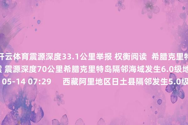 开云体育震源深度33.1公里举报 权衡阅读  希腊克里特岛隔邻海域发生6.0级地震 震源深度70公里希腊克里特岛隔邻海域发生6.0级地震 震源深度70公里    60  05-14 07:29     西藏阿里地区日土县隔邻发生5.0级傍边地震西藏阿里地区日土县隔邻发生5.0级傍边地震    0  04-29 16:24     青海玉树州杂多县发生4.6级地震青海玉树州杂多县发生4.6级地震  